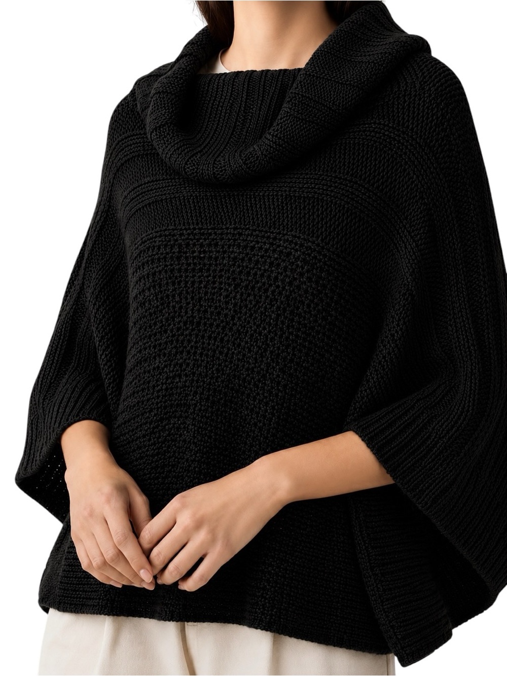 Chunky Black Knit Poncho Sweater 3/4 Sleeve Cowl Neck Cable Knit OS Turtleneck